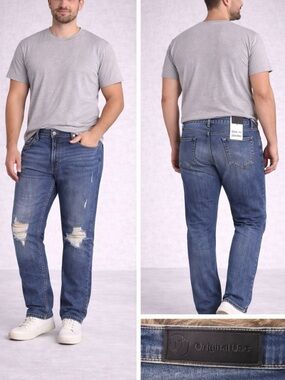 Original Use Men’s Blue Straight Jeans with Knee Distress